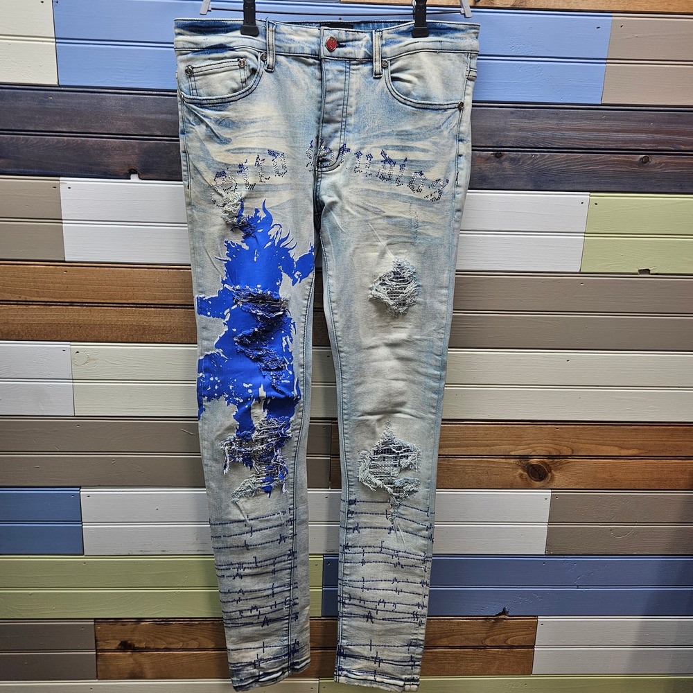 GFTD Studios Distressed Streetwear Jeans Light Blue Graphic Rhinestone 33x32